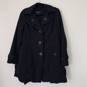 London Fog Women M Black Trench Coat  Button Front Hooded Classic Chic Travel